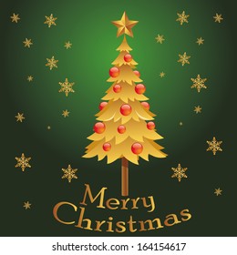 a golden tree with red balls for Christmas with some text