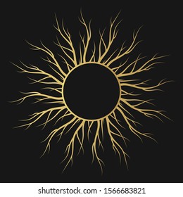Golden tree root frame. Vector isolated timber background. Gold natural wreath.