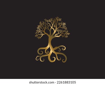 golden tree and root logo with curly roots