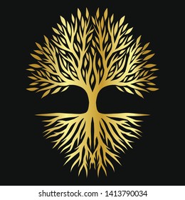 Golden tree with roots with black background