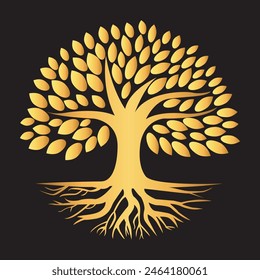 Golden tree with roots logo illustration. Vector silhouette of a tree.