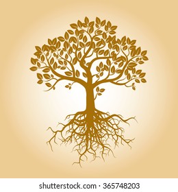 Golden Tree and Roots. Vector Illustration.