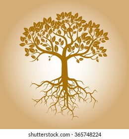Golden Tree and Roots. Vector Illustration.