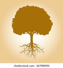 Golden Tree and Roots. Vector Illustration.