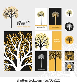 Golden tree. Set of backgrounds with a line art graphic.Template for covers, banners, cards and other documents.