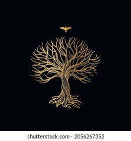 Golden tree silhouette. Vector illustration on black background