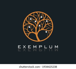 Golden tree with silver apples. Nature trees vector illustration logo design. Ornamental round monogram, template for creating logos, labels, chevrons.