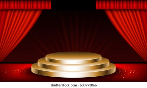 Golden tree steps round podium on vintage scene with red curtains. Realistic image