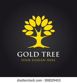 Golden tree vector logo. Stylish tree with leaves yellow or gold colored. Environmental, landscaping, fashion, parks, garden, relaxation, health care identity. Tree of life, healthy natural products.