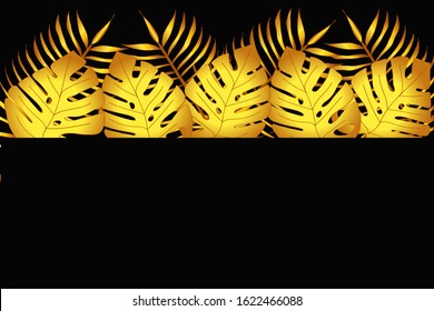 Golden trendy tropical leaves, summer design. Copy space, black background. Gold pattern, design for banner, brochure, flyer, mobile technology, print. Vector illustration.