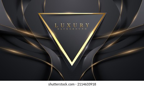 Golden triangle frame and black ribbon elements with glitter light effects decoration. Luxury style dark tone background design.