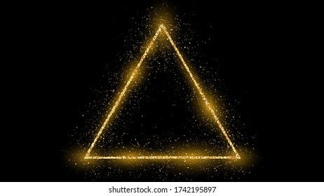 Golden triangle frame with glitter, sparkles and flares on dark background. Empty luxury backdrop. Vector illustration.