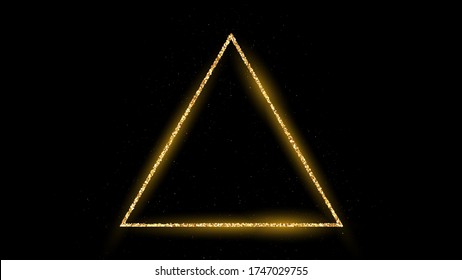 Golden triangle frame with glitter, sparkles and flares on dark background. Empty luxury backdrop. Vector illustration.