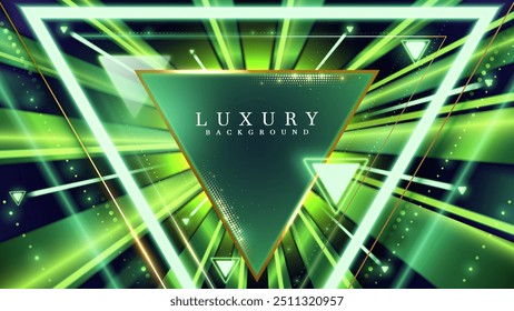 Golden triangle frame with sparkling lights, 3d style luxury green background, vector illustration scene design.