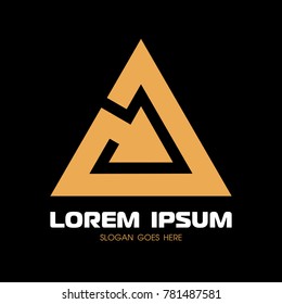Golden triangle logo. Abstract gold  pointer, arrow. Combine with text. Background for poster, cover, banner, placard. Vector illustration. 