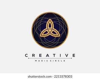 Golden Triangle logo form in the circle isolated like pentagram for magic of witchcraft