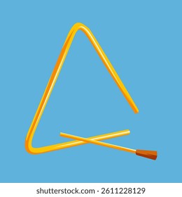 Golden triangle musical instrument and striker rest on a simple blue background perfect for illustrating music education or orchestra sounds