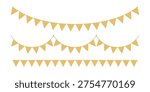 Golden triangle party bunting border. Gold festive flag garland. Birthday party bunting. Yellow flag ribbon chain. Carnival banner. Design element. Vector illustration isolated on white background.