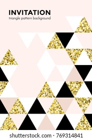 Golden triangle pattern background for invitation card or Christmas party poster design template of square and triangle modern trendy golden elements. Vector geometry backdrop of gold glitter texture.