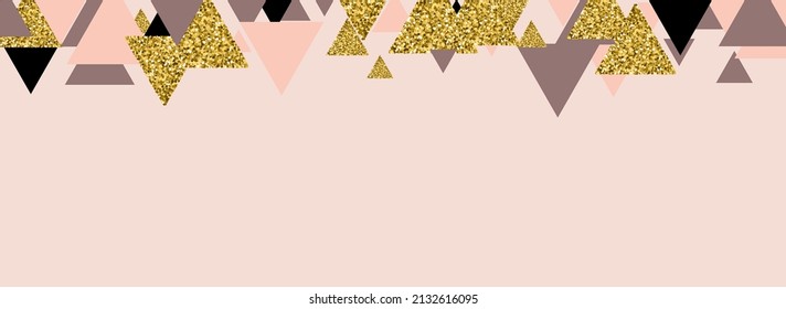 Golden Triangle Vector Panoramic Pink Background. Light Polygon Shiny Texture. Bright Gradient Shape Design. Glitter Anniversary Print.