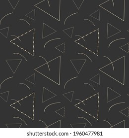 Golden triangles and arcs seamless vector pattern. Black and yellow, gold geometric doodle style background.