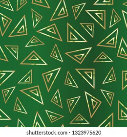 Golden triangles on a green background. Green abstract drawing. Duplicate abstract seamless pattern. Vector illustration