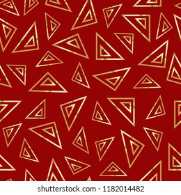 Golden triangles on a red background. Red abstract drawing. Duplicate abstract seamless pattern. Vector illustration