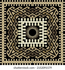 Golden tribal ethnic square frames seamless pattern. Vector modern background. Greek key, meanders. Square zippers frames, borders, circle. Abstract geometric traditional ornaments. Endless texture.