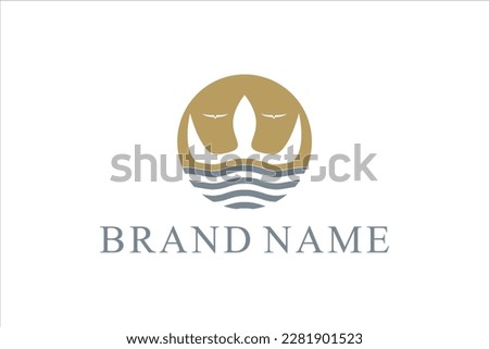 Golden Trident King Crown with Ocean Sea Wave and Bird logo design