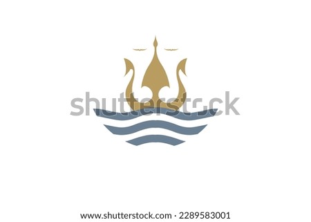 Golden Trident King Crown with Ocean Sea Wave and Bird logo design