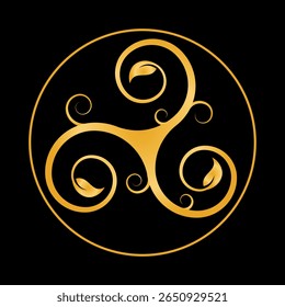 Golden Triskele Design: Elegant golden triskele symbol with leaf motifs, set against a black background, perfect for spiritual, Celtic, or nature-themed projects.