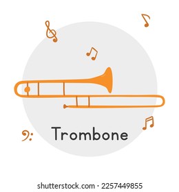 Estilo de dibujos animados de trombones dorados. Simple y lindo instrumento musical de latón trombónico, ilustración vectorial plana. Estilo de doodle dibujado a mano con instrumento de latón. Diseño vectorial de instrumentos eólicos