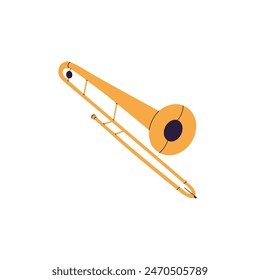 Golden trombone, gold trumpet icon. Brass instrument for playing marching melodies, classical music, jazz, blues. Wind performance equipment. Flat isolated vector illustration on white background