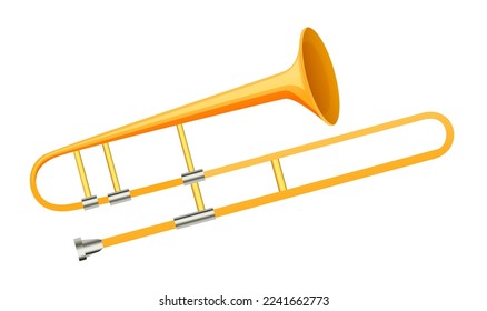 Golden trombone realistic flat style isolated on white background. Large brass wind classical instrument with straight tubing. Design image for orchestra and music concert poster. Vector illustration