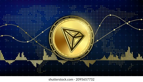 Goldene Zwergmünze. Elektronische Kryptowährung moderne Technologie. Digital kryptowährung Block Kette Markt Token Banner. Auf dem Hintergrund der Weltkarte. 3D-Vektorgrafik.