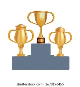 golden trophies awards in podium set icons vector illustration design