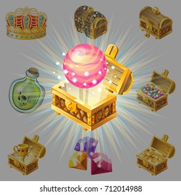 Golden trophies in glowing chests. Set for web games. Isolated vector illustration  Prize in levels.