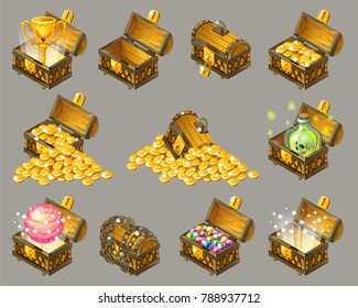 Golden trophies in glowing chests. Set for computer game. Isolated vector illustration.