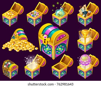 Golden trophies in isometric chests. Set treasure for computer game on dark background. Isolated vector illustration.