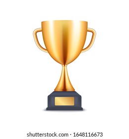 Golden trophy 3d cup. Vector prize award realistic winner icon cup.