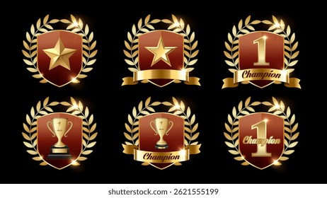 Golden Trophy and Award Badges with Laurel Wreath, Champion Cup, Stars, Shields, and Number 1 Icons – Premium Vector Collection