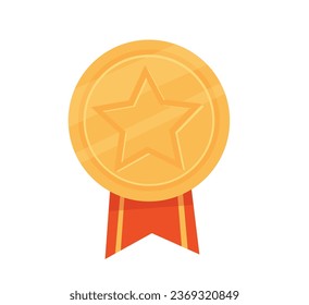 Golden trophy or award concept. Reward for winners at competition and tournament. Gold medal with red ribbon and star shape. Cartoon flat vector illustration isolated on white background