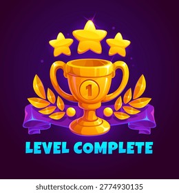 Golden trophy award with winner cup, stars, laurel leaves and ribbon, with Level Complete text, on dark purple background. Victory, achievement and game success concept.Vector illustration.