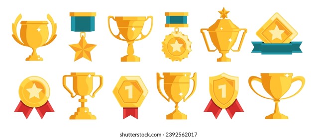 Goldene Trophäen und Auszeichnungen Symbole. Wettbewerb Leistung Medal flach Design, Trophäe Tasse und Medaillenbänder für die Preisverleihung Konzept. Vektorgrafik der Verleihung des Wettbewerbs