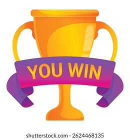 Golden trophy is being awarded to the winner, celebrating victory with a purple you win ribbon