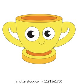 Golden Trophy Bowl Cup funny cartoon. Outlined illustration with thin line black stroke