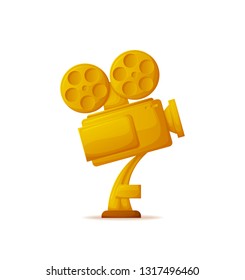 Golden trophy of camera, old-fashioned video reel equipment and glossy prize. Movie sign awarded on white, cinematography ceremony, reward of winner vector