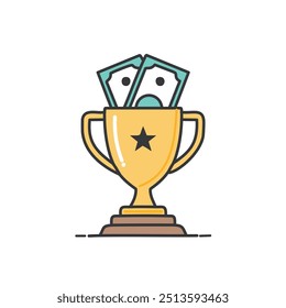 Golden trophy with cash reward. Illustration of a golden trophy with a star and cash inside. It represents winning and getting a financial prize.