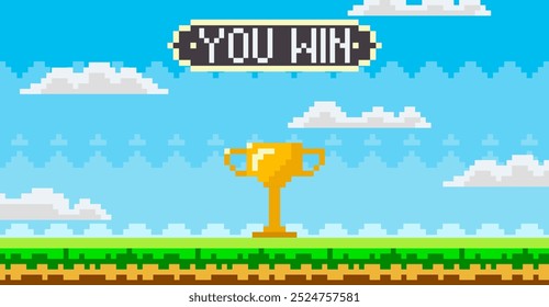 Troféu dourado no centro com o texto da VITÓRIA SUA acima. Céu azul pixelado com nuvens no fundo e grama pixelada na parte inferior. Ideal para jogos retrô, celebrações de vitória, design de jogo