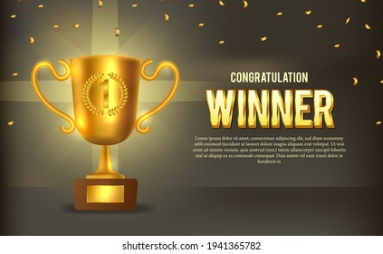 golden trophy with golden confetti and dark background. winner announcement on stage for sport game. poster template. champion for victory.